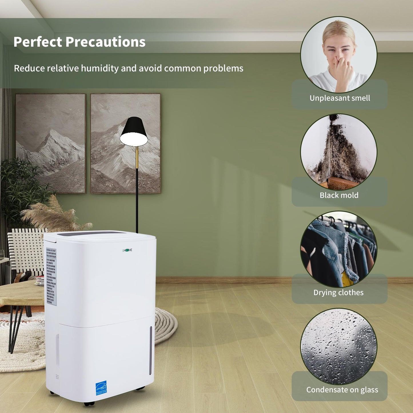 Uhome 120 Pints Dehumidifier with Drain Hose - 6000 Sq. Ft Quiet Dehumidifier for Home, Basements, Storages and Large Rooms with 1.32Gallon Water Tank