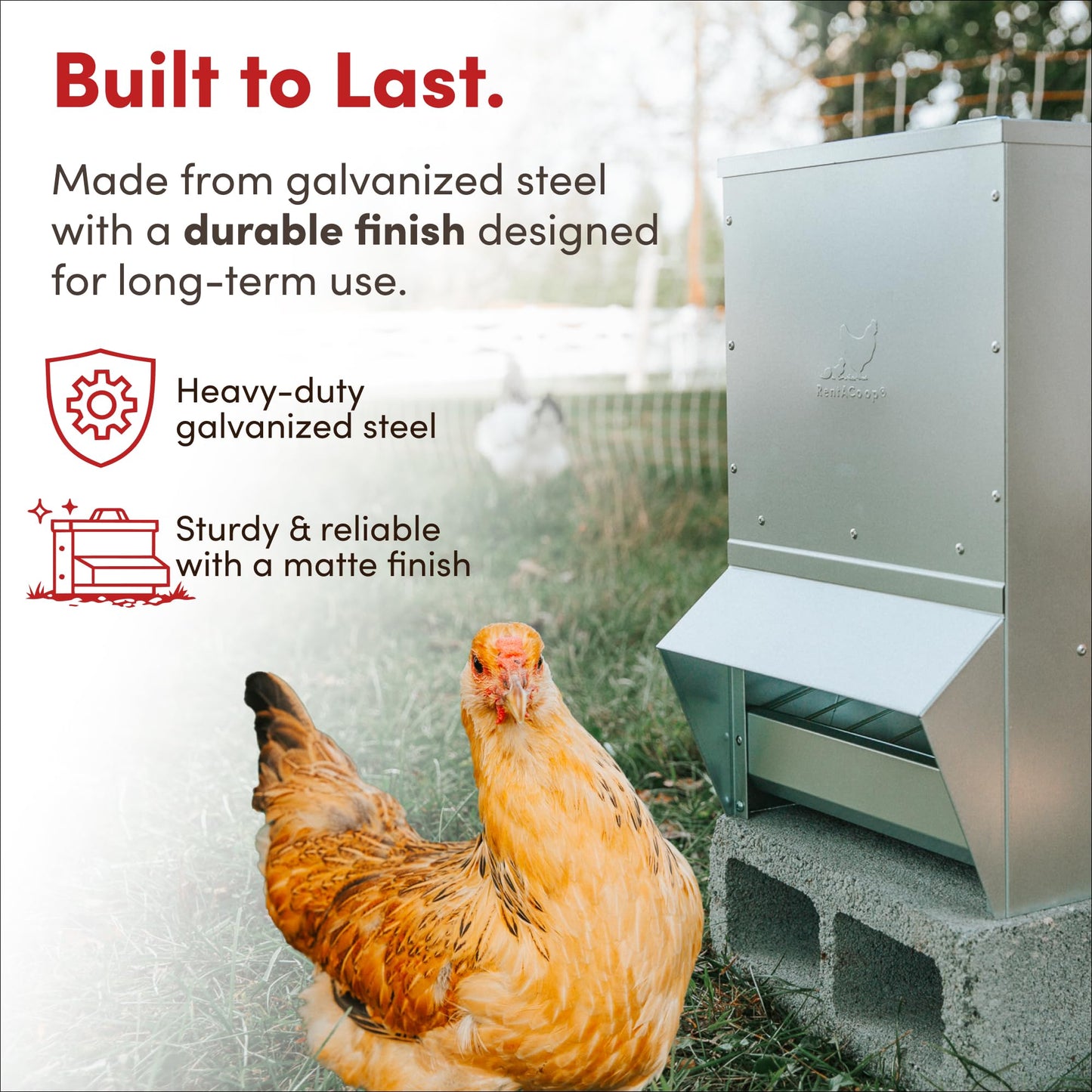 RentACoop Metal Trough Feeder with Lid & Rain Cover – Galvanized Steel, Gravity-Fed – Side View Window – Moveable Grate for Easy Cleaning – Suitable for Chickens, Ducks, Poultry & More – 50lb Capacity