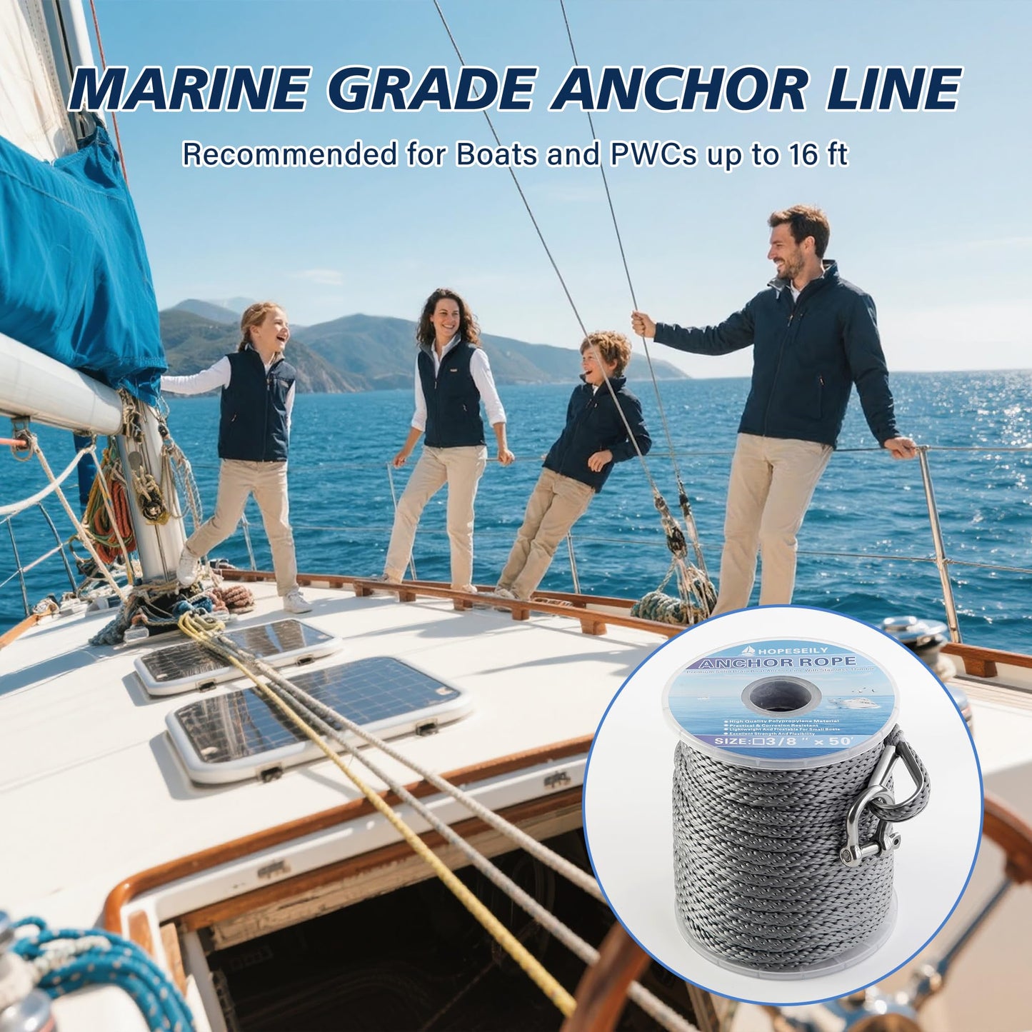 HOPESEILY 3/8 x 50FT Boat Anchor Rope, Premium Solid Braid MFP Marine Line with Stainless Steel Thimble & Shackle for Boats Jet Ski Yacht Dock, Heavy Duty (Grey)