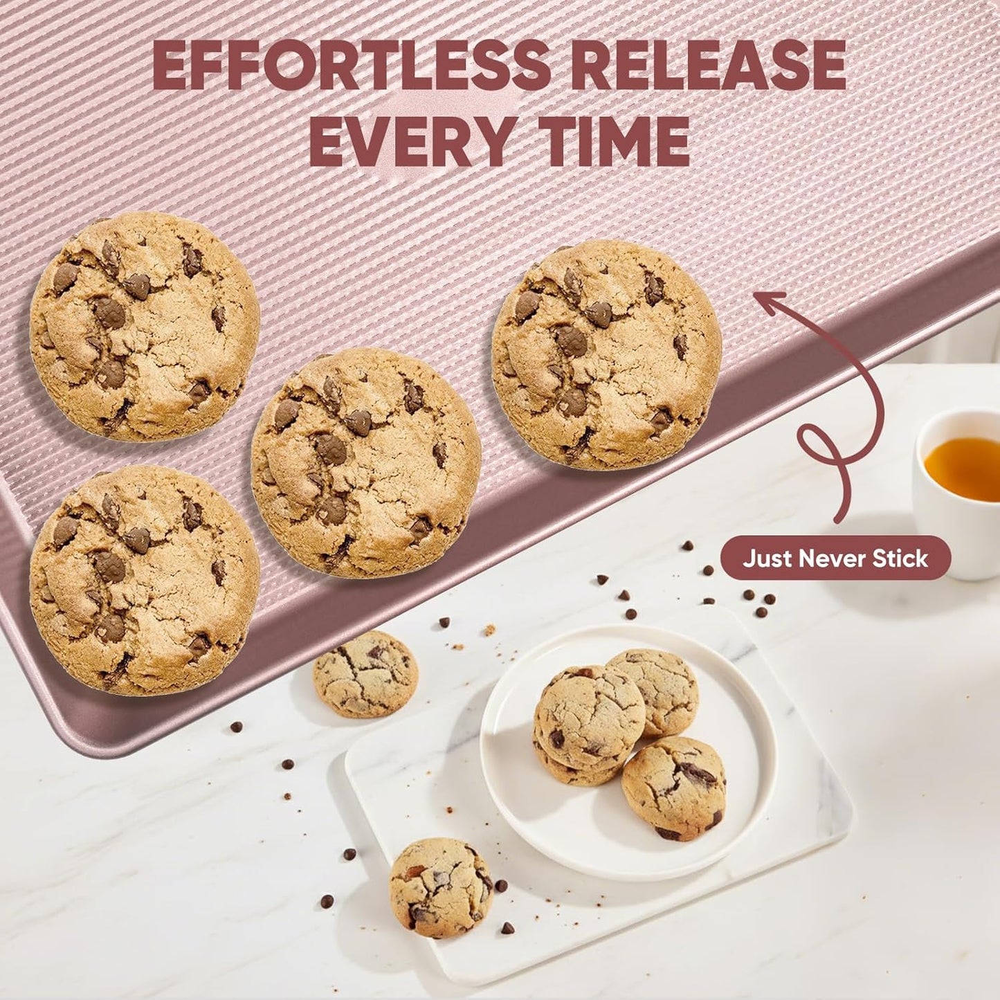 Sakerplus Nonstick Baking Sheet Pan Set - Heavy Duty Cookie Sheets | 0.6mm Thick, Rust-Resistant, Easy Clean (Pink)