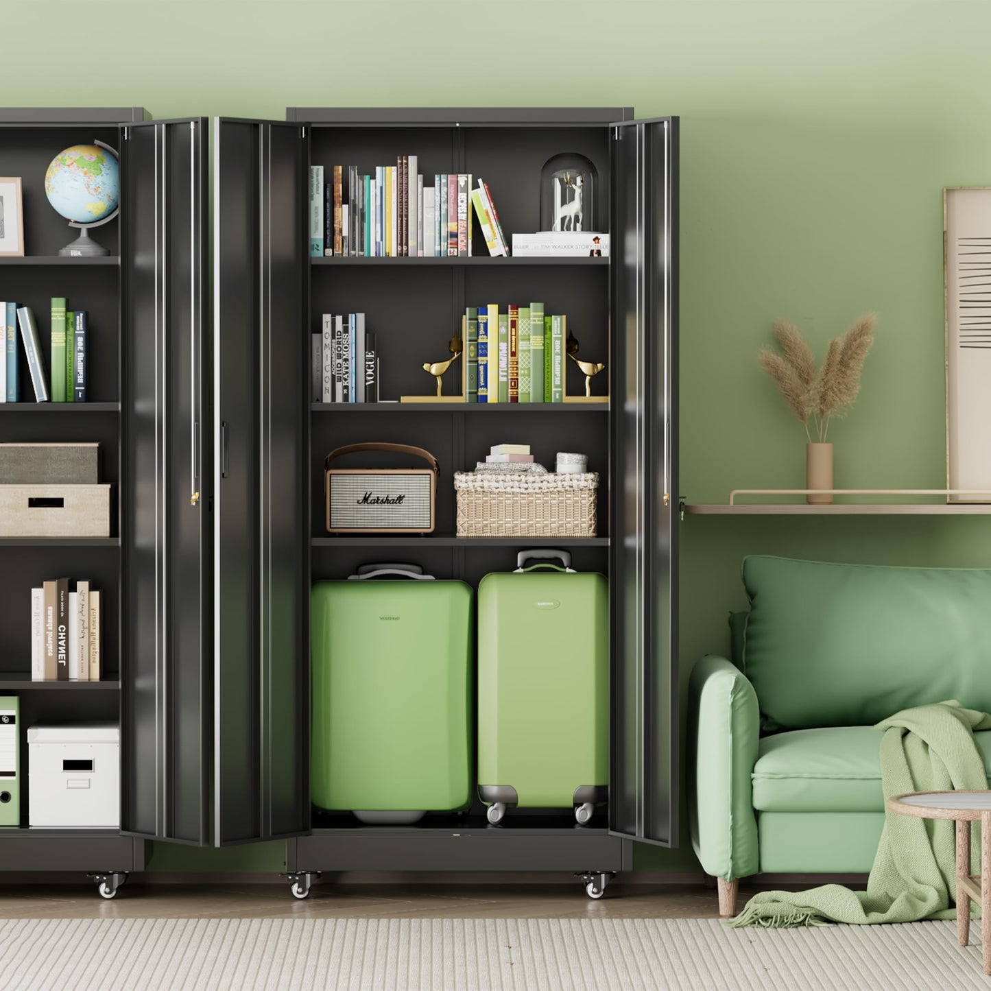 INTERGREAT Metal Storage Cabinet with Wheels, 73" H Rolling Metal Cabinets with Doors and Shelves, Black Steel Lockable Cabinet on Wheels for Garage Storage