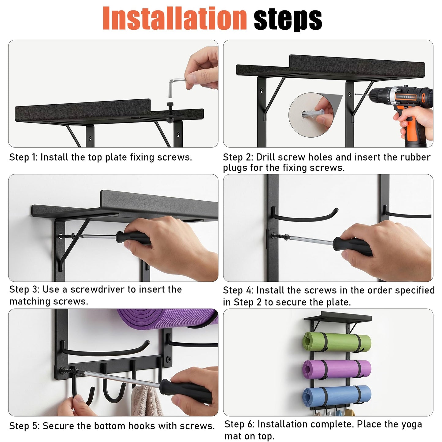 Lanasz Yoga Mat Holder Wall Mount - 4 Tier Home Gym Storage Rack with Shelf & 5 Hooks, Gym Equipment Organizer & Wall Storage for Workout Room Decor