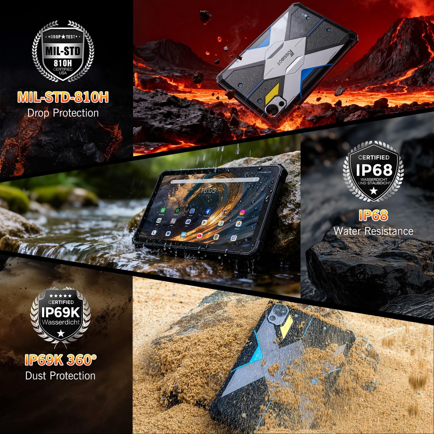 FOSSIBOT DT3 5G Rugged Android 15 Tablet, Dimensity 7300 5G Waterproof Tablets, 21560mAh 66W, 32GB+256GB/2TB Rugged Tablet, 10.4-inch 2K Screen, 64MP+32MP, Dual SIM/WiFi 6/NFC/IP68/IP69K