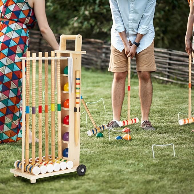 Hiboom 6 Player Croquet Set for Adults & Kids with Wooden Stand, Rubber Wooden Mallets, Colored Balls and Steel Wicket for Family & Friends, Great for Outdoor Lawn, Backyard Park