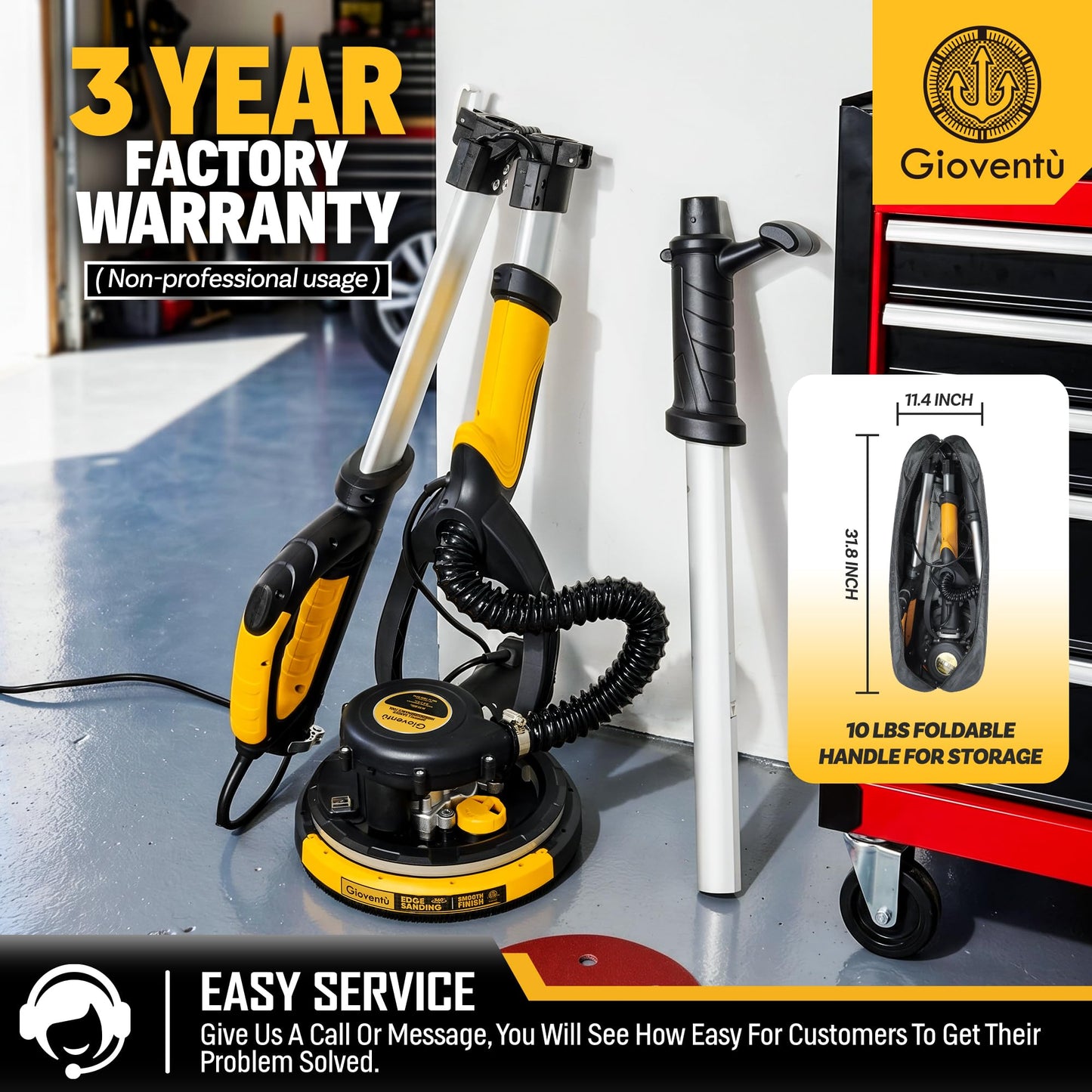 Dustless Drywall Sander with Auto Vacuum Dust Collector, 780W Foldable Electric Wall Sander, 26FT Power Cord, 7 Variable Speed 900-1800RPM, LED Light for Popcorn Ceiling, Interior Walls, Plaster