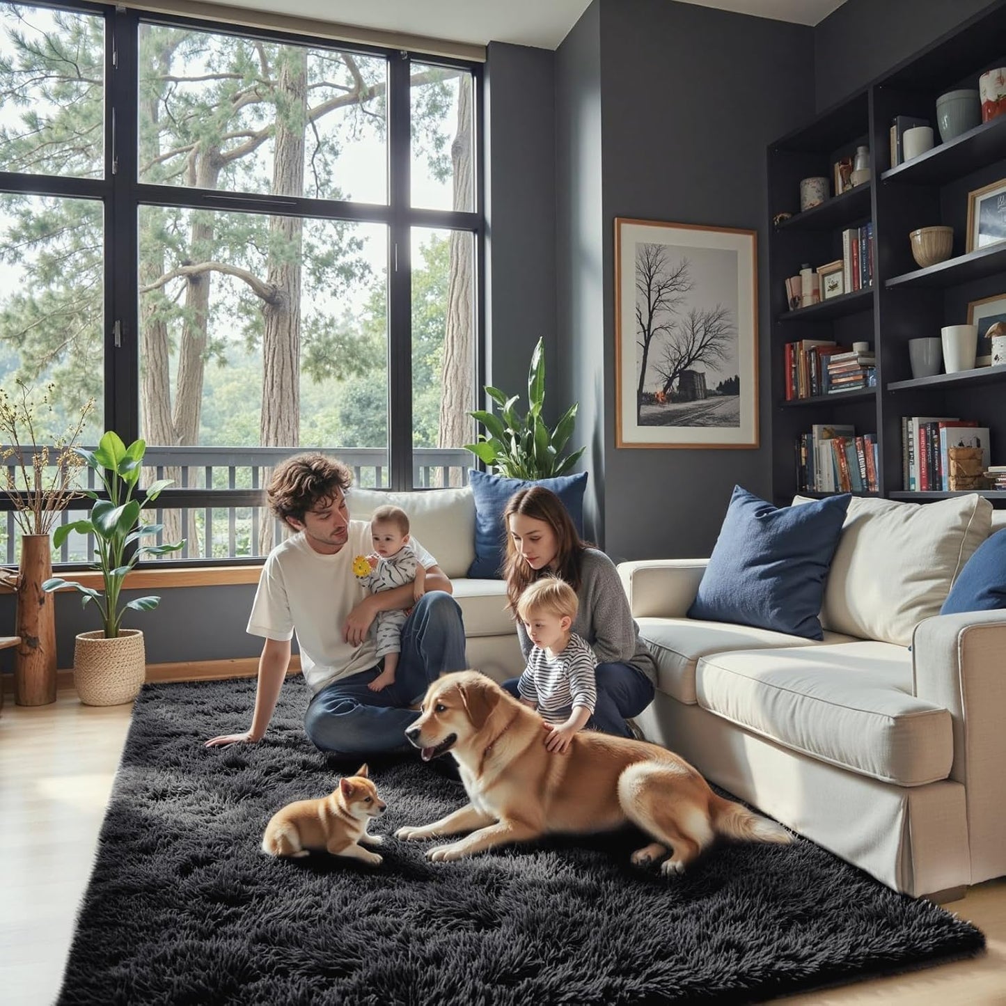 Small Area Rug - Modern Shag 2x3 Feet Black Bedroom Mat | Fluffy Carpet for Dorm Room Decor