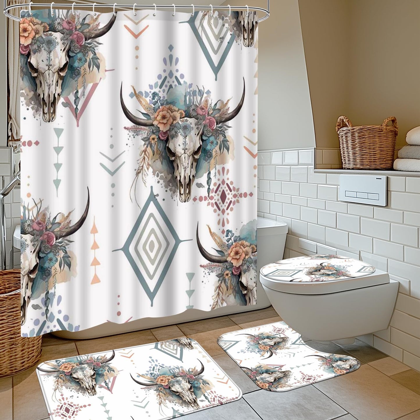 Ticuenicoa Western Cow Skull Shower Curtain Set, 4 Pcs 72x72 Inch Bathroom Decor with Bath Mat, U-Shape Rug, Toilet Lid Cover & 12 Rustic Hooks, Waterproof Anti-Slip Design