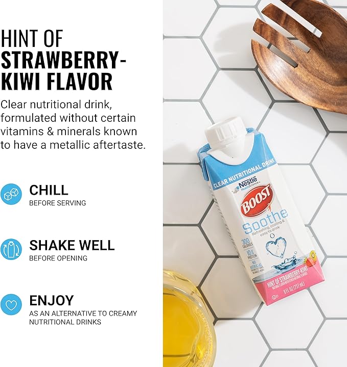 BOOST Soothe Clear Nutritional Drink ??Cooling sensation - 300 Calories - 10 g Protein from Whey Protein Isolate - Hint of Strawberry Kiwi Flavor - 8 fl oz (Pack of 24)