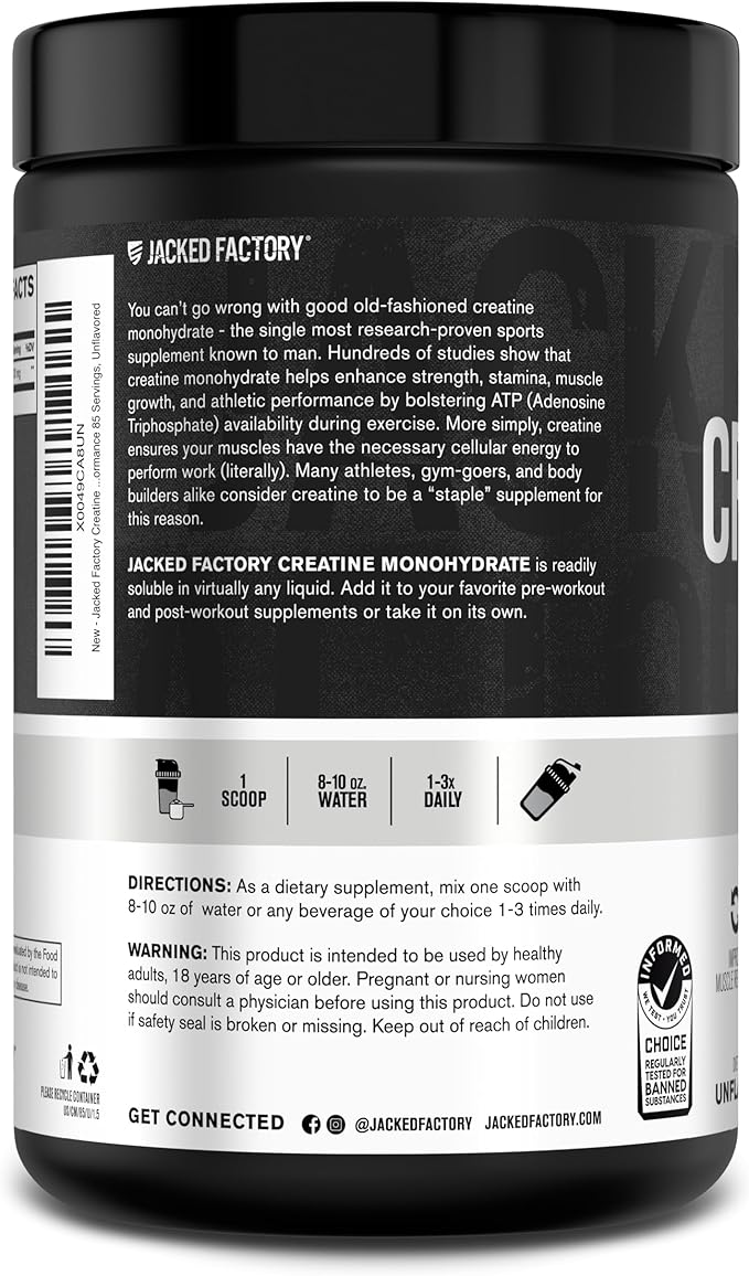 Jacked Factory Creatine Monohydrate Powder 425g - 5g Daily Creatine Supplement for Men and Women, Vegan-Friendly, Third-Party Tested - 85 Servings, Unflavored