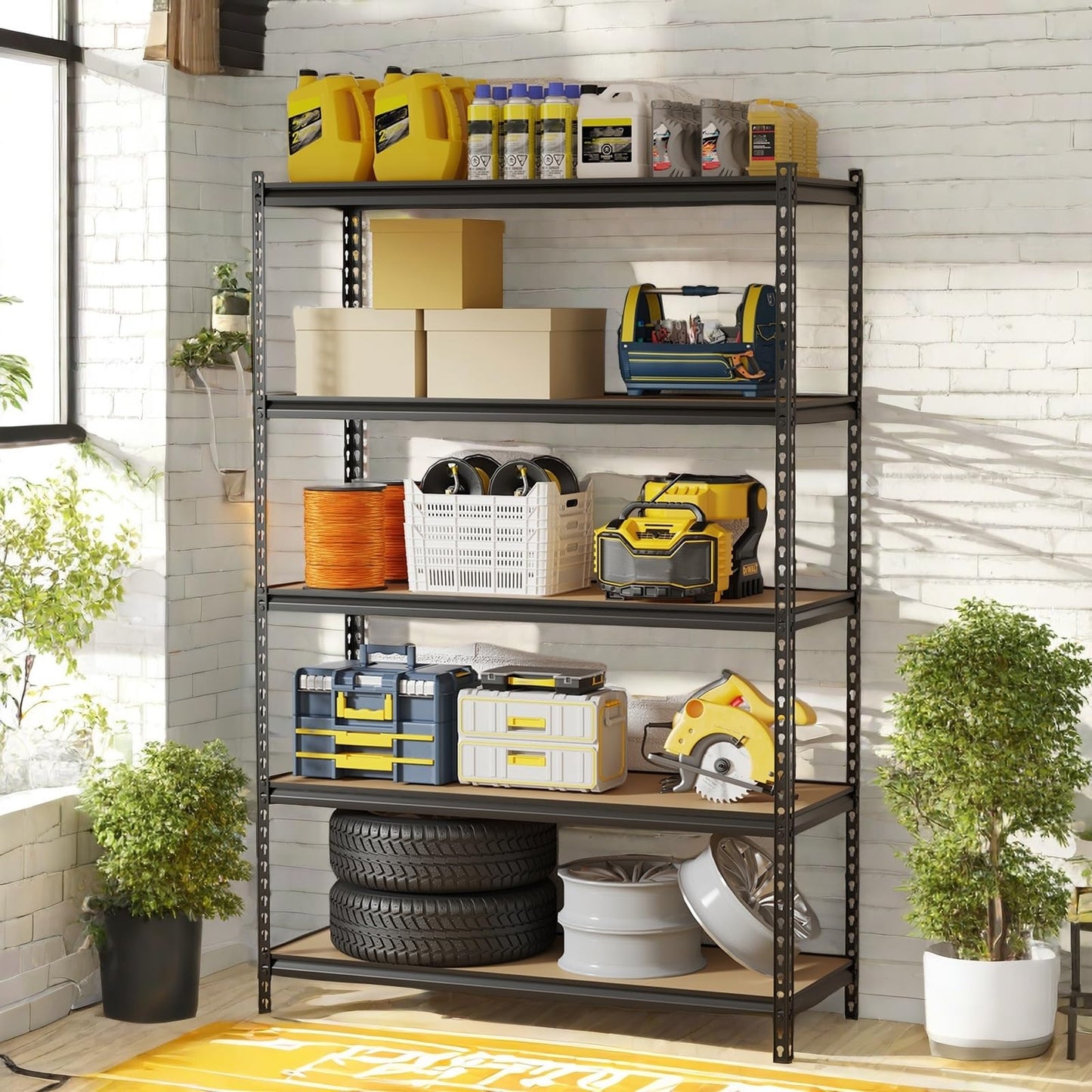 GarveeTech 5 Tier Garage Storage Shelves, Heavy Duty Utility Shelves Metal Shelving Unit, 48"L x 18"W x 73"H Adjustable Storage Shelves Utility Rack for Garage Kitchen Basement Pantry Laundry, Black