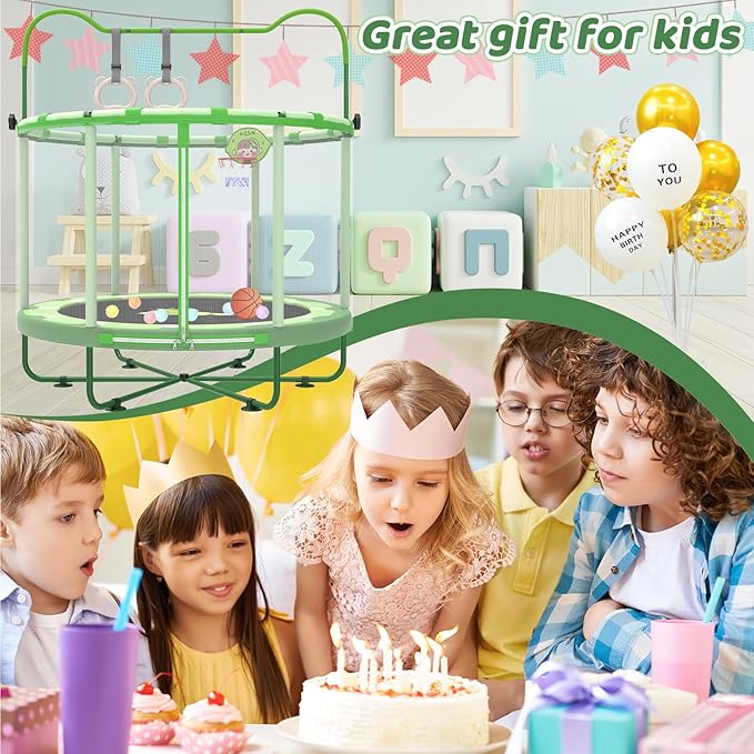Gardenature 60" Kids Trampoline Indoor, 5ft Toddler Mini Trampoline with Basketball Hoop, Gymnastics Bar, Rings, Christmas Toys Birthday Gifts for Girls Boys Age 3-8