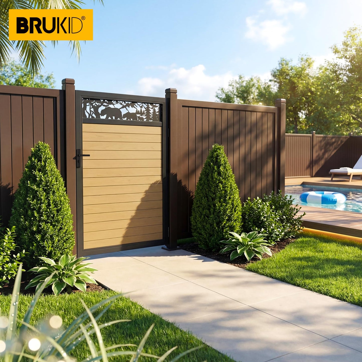 Brukid 4x6 FT Aluminum Fence Gate Kit Wood Grain Aluminum Gate with Decorative Cutout, Lock & Hinges, Left/Right Opening, Weather Resistant for Yard Garden Patio