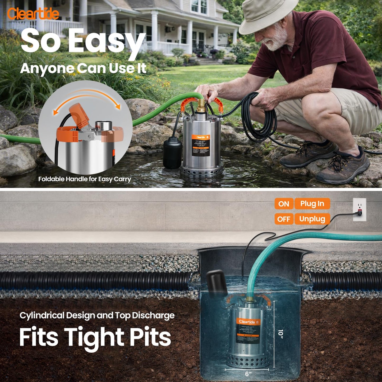 Cleartide Stainless Steel Submersible Water Sump Pump with Float Switch, 3/4 HP, 3780 GPH Ideal for Pool, Yard, Flooded Cellar & Basement, Hot Tub, Pond, and Garden Draining, 10 FT Cord