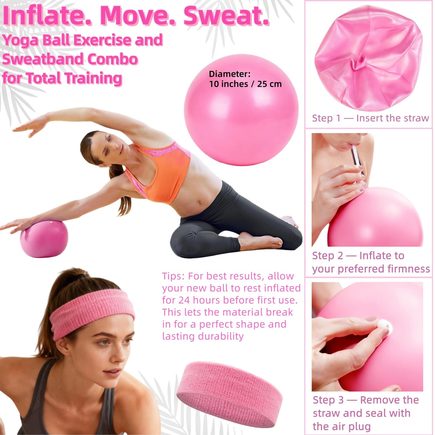 Ypdroy Ankle Resistance Bands with Cuffs Set, Resistance Bands Small Yoga Ball Massage Ball Headband, Ankle Bands for Workout Leg Butt Training,Women Fitness Equipment Home Gym Pilates (Pink)
