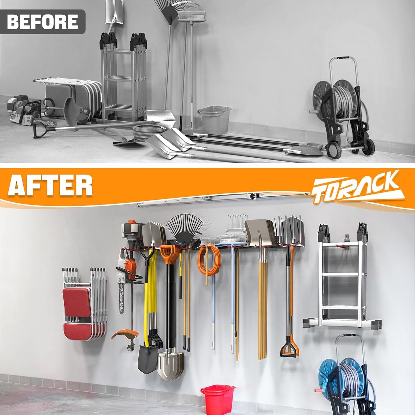 TORACK Garden Tool Organizer - Wall-Mounted Storage Rack for Shovels, Rakes, and Brooms | Space-Saving Design