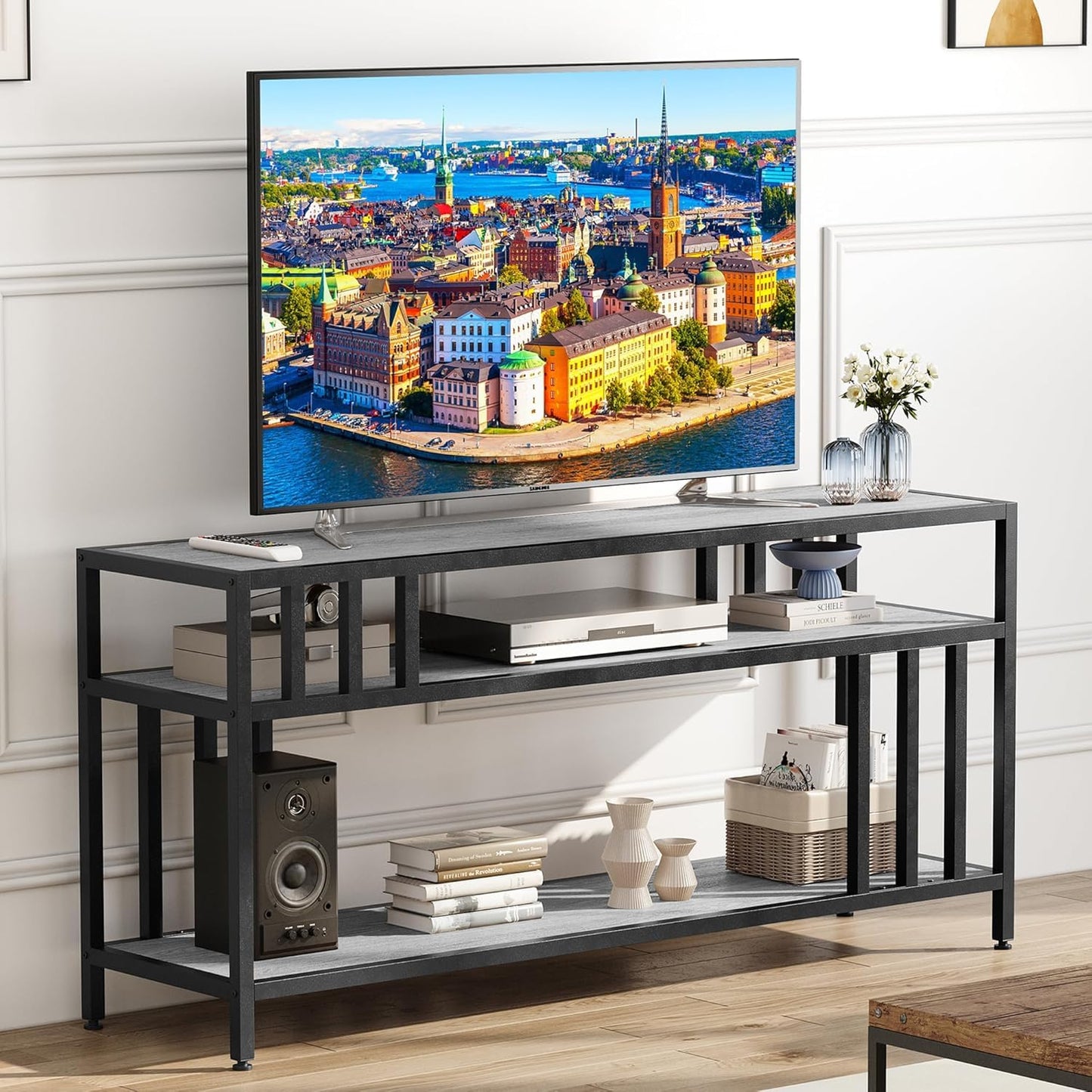 GarveeTech 58'' TV Stand Fits TV up to 65'', TV Media Console with 3-Tier Open Storage Shelves, Industrial Entertainment Center with Quadruple-Tube Support for Living Room, Gray