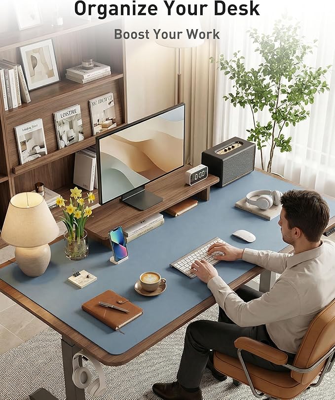Aothia Faux Leather Desk Mat - Large Mouse Pad, Non-Slip PU Leather Blotter, Waterproof Writing Surface for Office and Home (Denim Blue, 63" x 17")