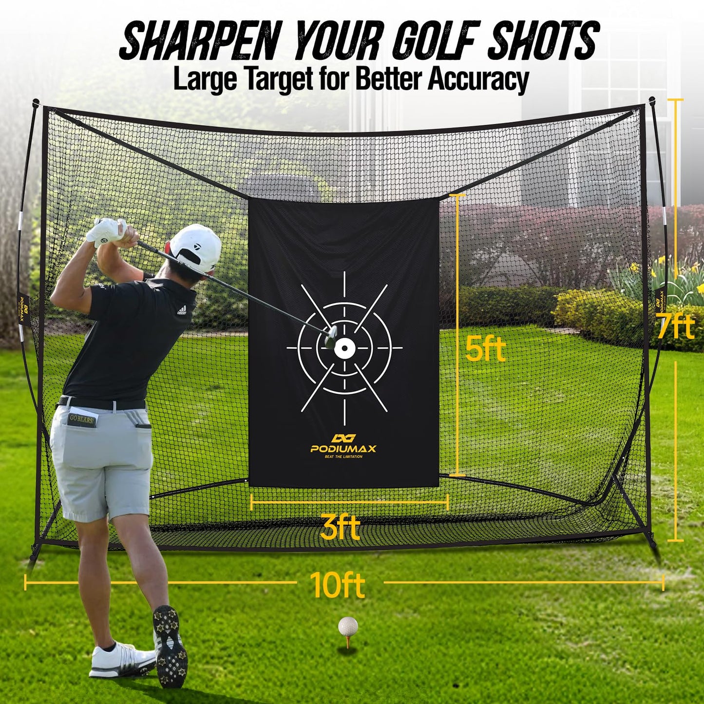 PodiuMax Golf Net, 10x7ft Golf Practice Net with Noise Reduce Silk Target Driving Real Balls, Hitting Nets for Backyard Garage, Improve Chipping Putting Pitching,Gift for Men & Golfers