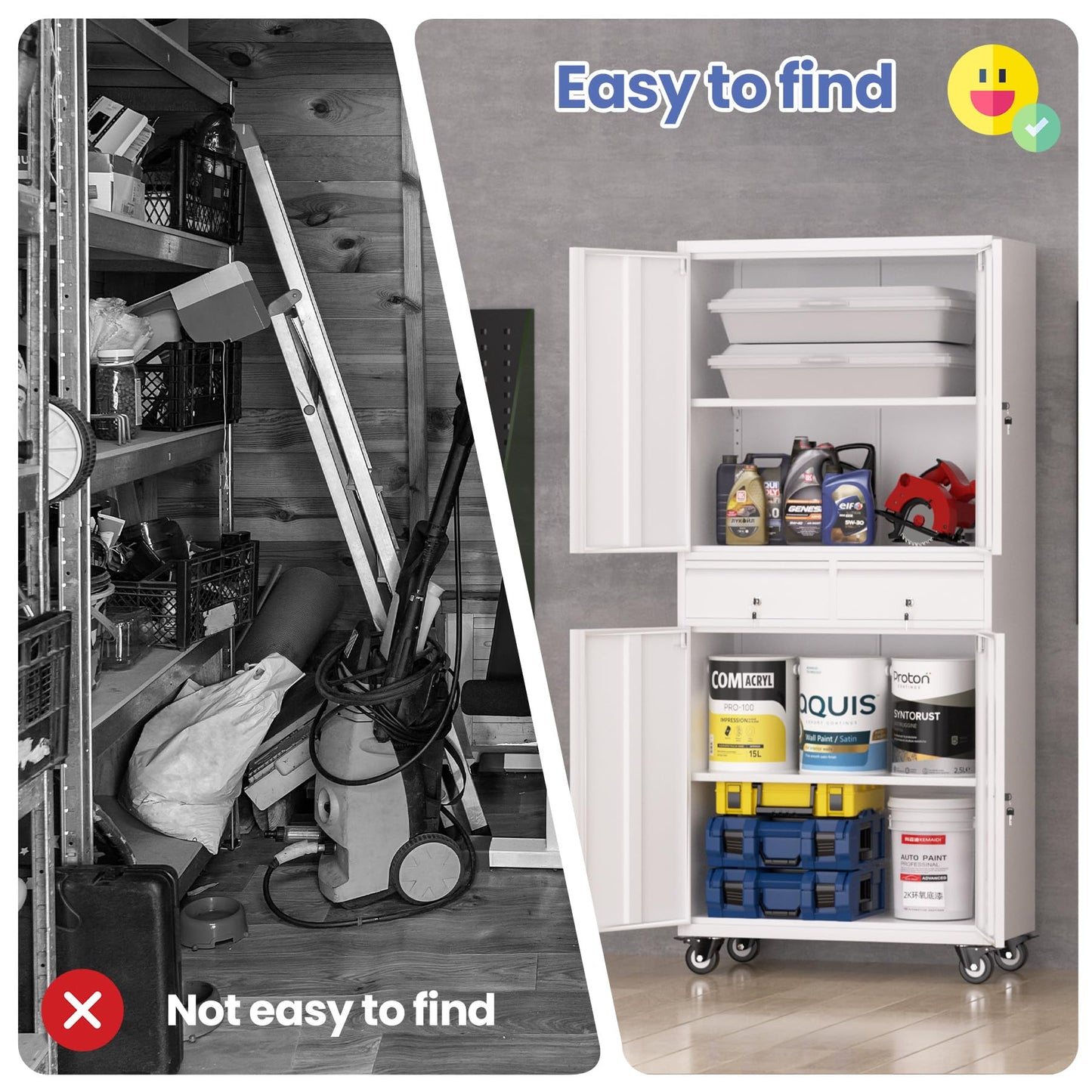 Garvee Metal Storage Cabinet, 73 Inch Garage Storage with Locking Doors and Adjustable Shelves, Heavy Duty Tool Cabinet with 2 Drawers