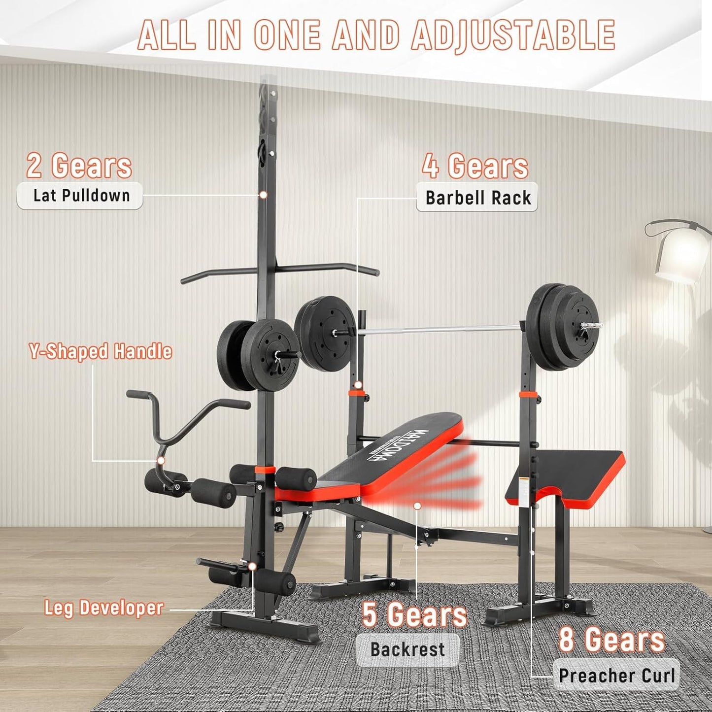MAIDOMA Foldable 1500LBS 8 IN 1 Olympic Weight Bench Set with Squat Rack, Leg Extension/Curl & Preacher Curl, Adjustable Bench Press Set with Safety Bar Catches for Home Gym Full Body Workout