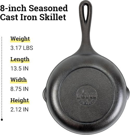 Lodge 8" Cast Iron Skillet - Chef Collection - Ergonomic Handles for Perfect Searing & Heat Retention