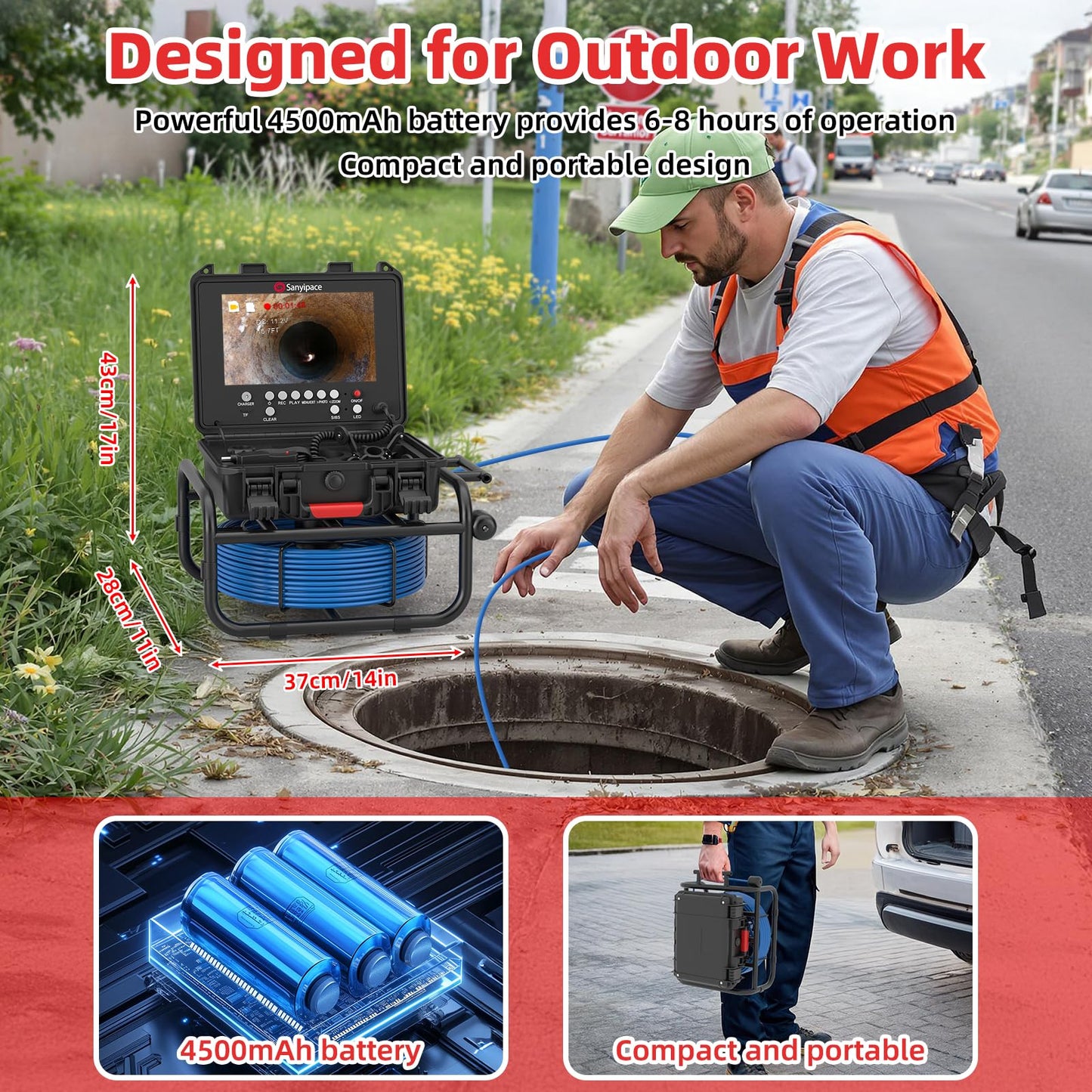 Sanyipace Sewer Camera Self-leveling with Locator, 512Hz Drain Camera with Distance Counter, Waterproof 100FT/30M Pipe Camera with 9" Screen, 1080P, 23mm/0.9in Borescope Inspection Camera for Plumbing