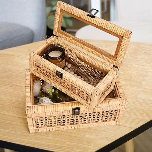 HUAXIN CRAFT H Rattan Decorative Box Set - Rectangular Woven Design with Glass Lid for Stylish Display