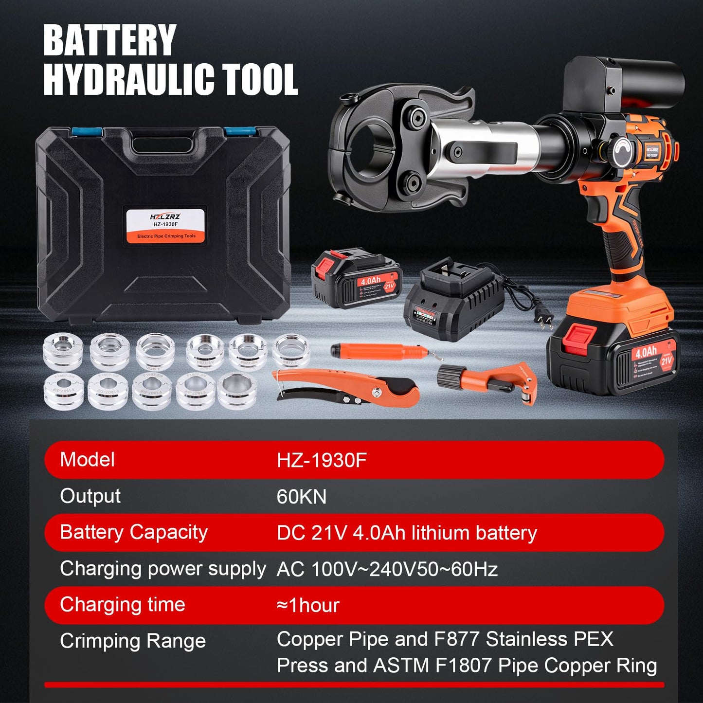 HZLZRZ Upgraded 21V Pro Press Tool Kit Cordless Plumbing Press Tool for Copper and PEX Pipes, Includes 1/2, 3/4, 1” Copper & 3/8”–1” PEX Dies, F877 Stainless Steel Sleeves, 2-Pack 4.0Ah Batteries Case