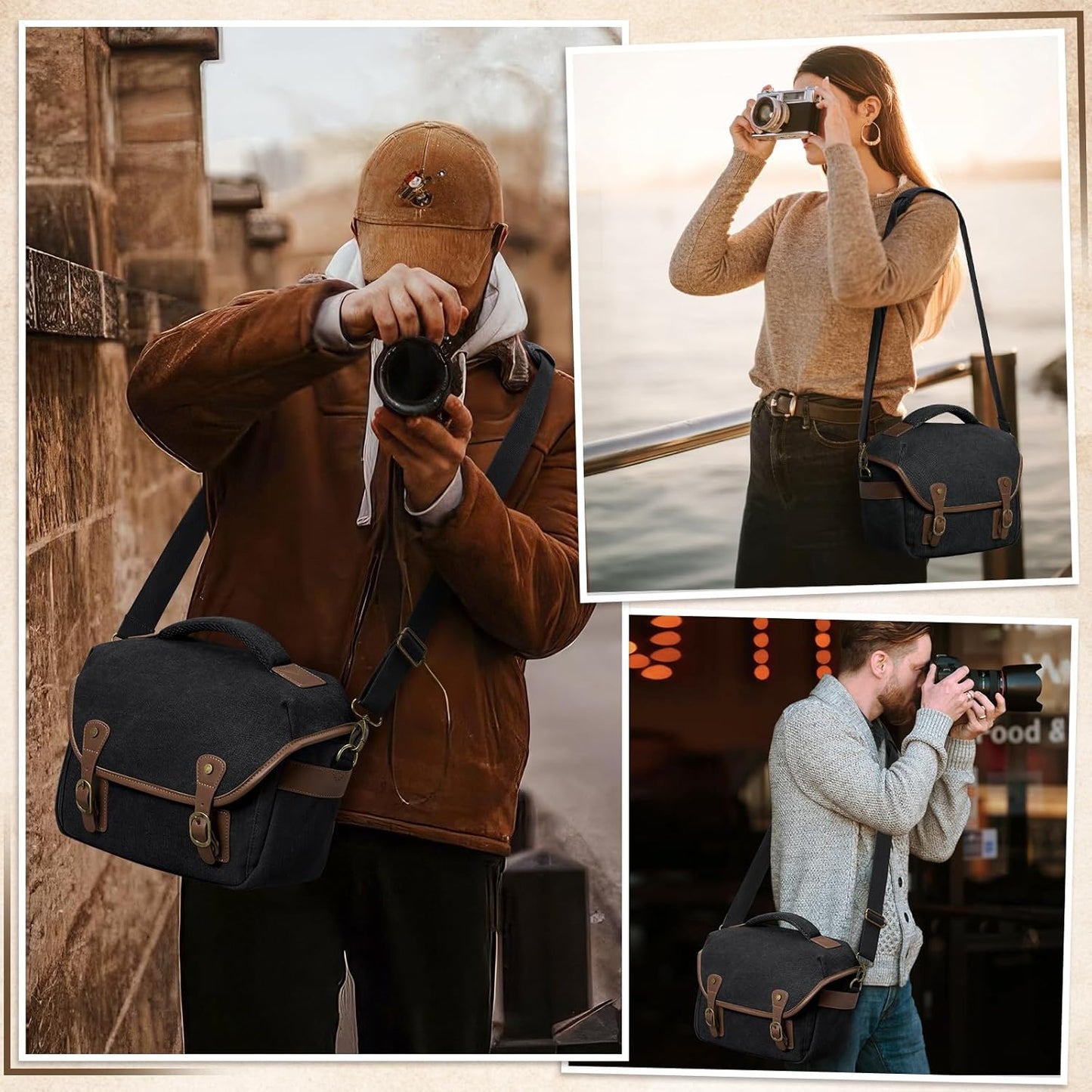 RAINSMORE Canvas Camera Bag, DSLR/SLR/Mirrorless Small Camera Sling Bags Cross-body Camera Case, Compact Shoulder Bag