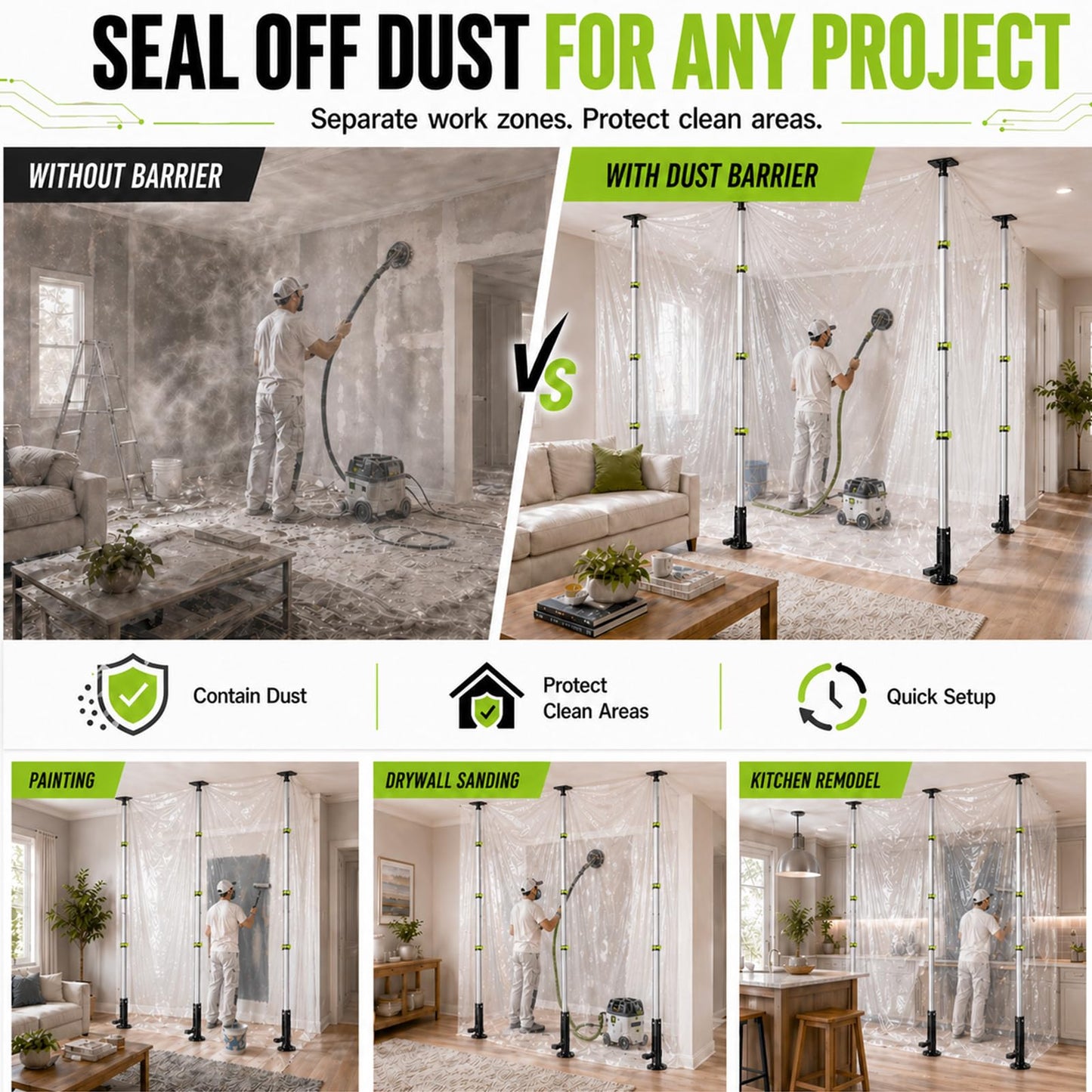 10FT Dust Barrier Poles, Foot-Pedal Spring-Release, 4-Pack Lightweight Aluminum Zipper Wall Telescoping Poles for Temporary Dust Barrier System, Construction & Home Renovation, with Carry Bag