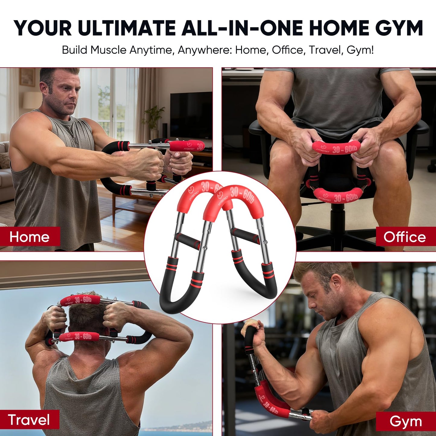 FitBeast Twister Arm Trainer, 4 Progressive Resistance Levels (30-120 lbs), 4-Spring Adjustable Arm & Chest Workout Equipment, Upper Body Strength Training Equipment for Home Gym (Red)
