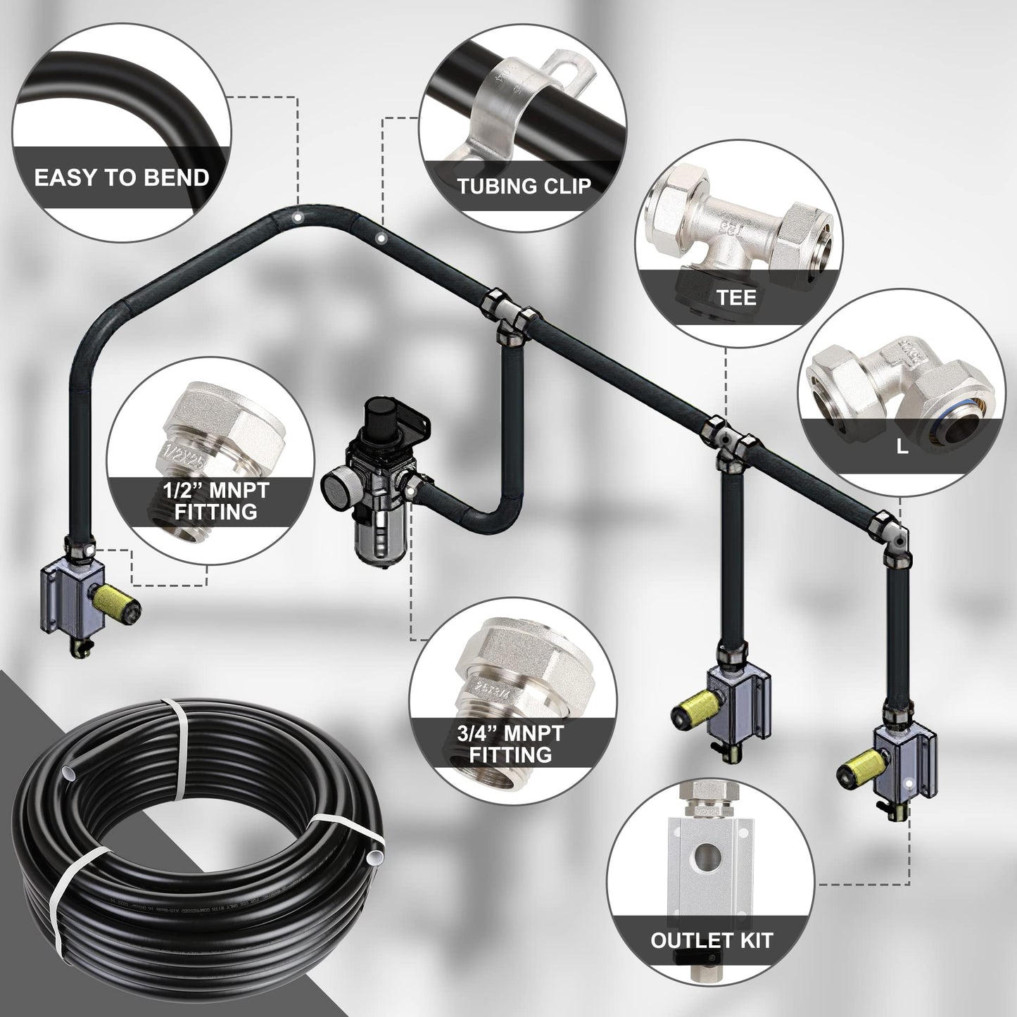 Hromee Compressed Air Piping System with 3/4 inch x 100 feet HDPE Tubing and Aluminum Outlet Blocks for Garage Connect Air Compressor Hose Accessories 37 Pieces
