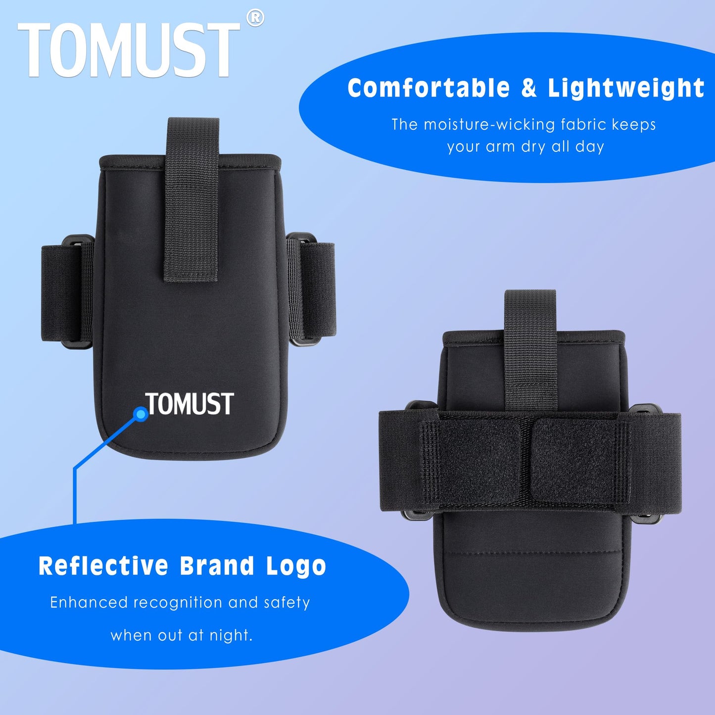 TOMUST Phone Holder with Three Strap, Lightweight Arm Band with Reflective Logo, Elastic Armband Sleeve with Case Fits iPhone and Android, Use for Running, Hiking, Fitness and Workouts, Women/Men