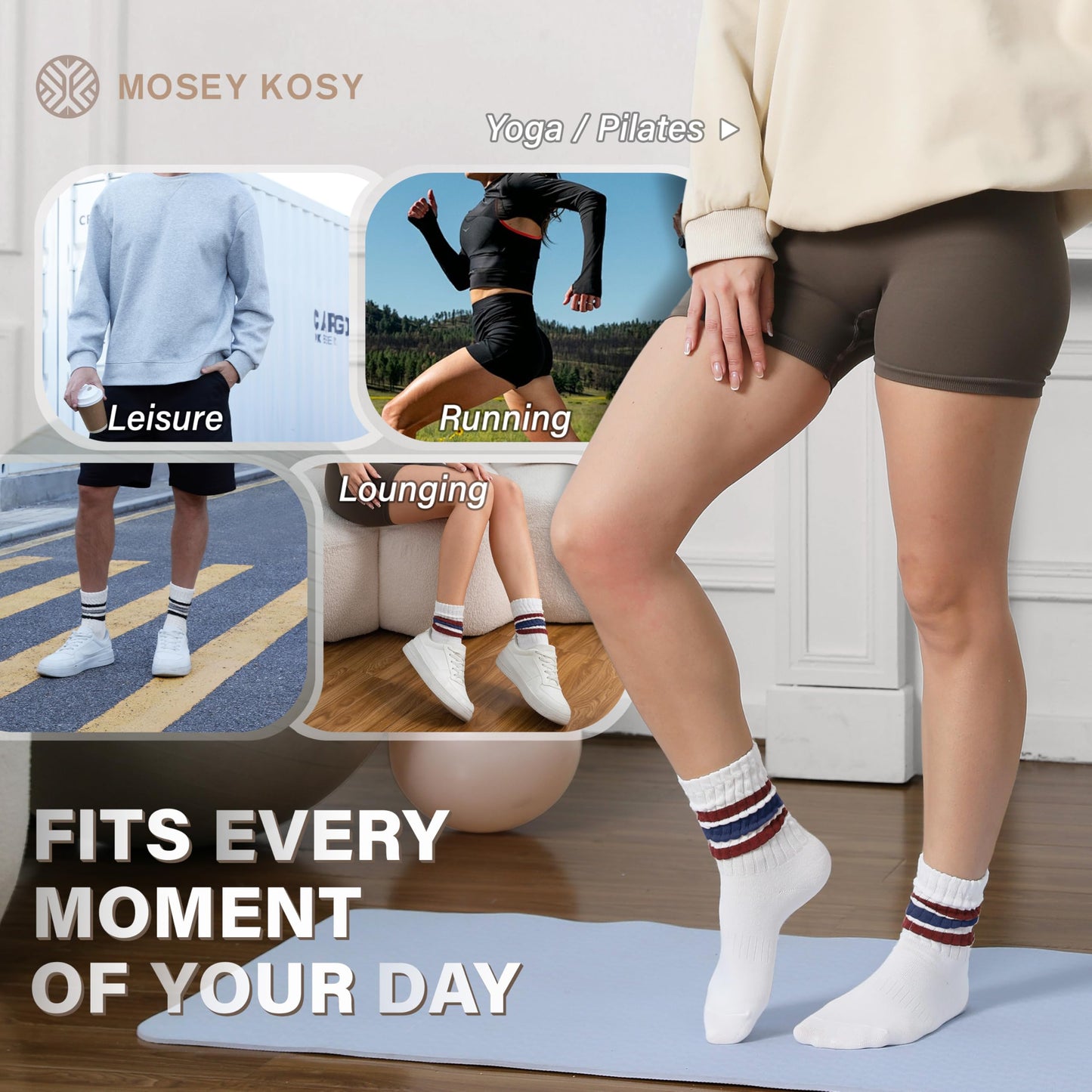 MOSEY KOSY Slouch Cotton Socks, Scrunch Fashion Colorful Soft Breathable Crew Calf for Women and Men, 4 Pairs(Black Striped,M)