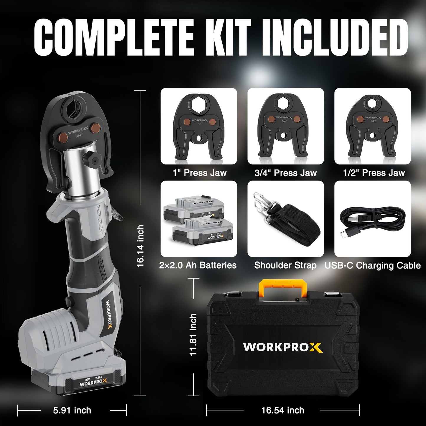 WORKPROX Press Tool, 20V Brushless Electric Pipe Crimping Tool for 1/2", 3/4", 1" Copper Pipes, Cordless Press Tool Kit with 3 Press Jaws, 2-Pack 2.0Ah Batteries with Carrying Case