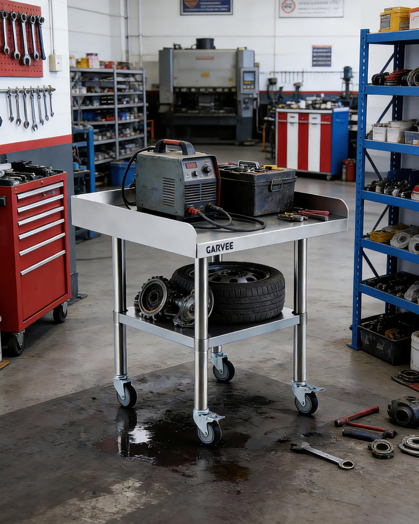 24 x 36 x 26 Inch Stainless Steel Work Table with Wheels, 3-Sided Backsplash and Adjustable Undershelf, Heavy Duty Commercial Prep Worktable for Kitchen, Restaurant, Garage