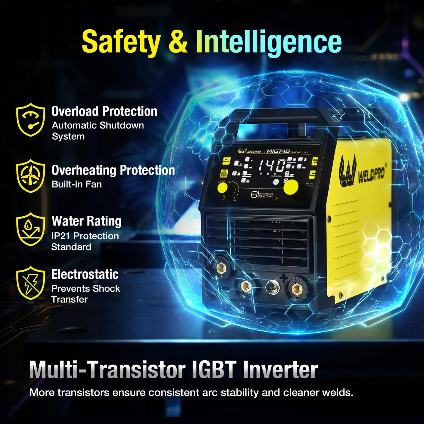 WELDPRO 140A MIG Welder 110/220V, 2026 Newest 5-in-1 Flux Core Welder, Synergic/Thickness Gasless MIG/Lift TIG/MMA/Spot Welding Machine, IGBT Inverter Welder with Large LED Digital Display, 2T/4T