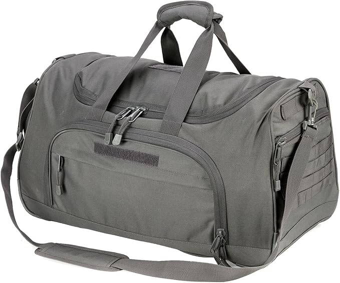 Gym Bag for Women & Men Tactical Duffle Military Weekender Work Out Lightweight Waterproof Sports Tote Shoe Pocket Gray