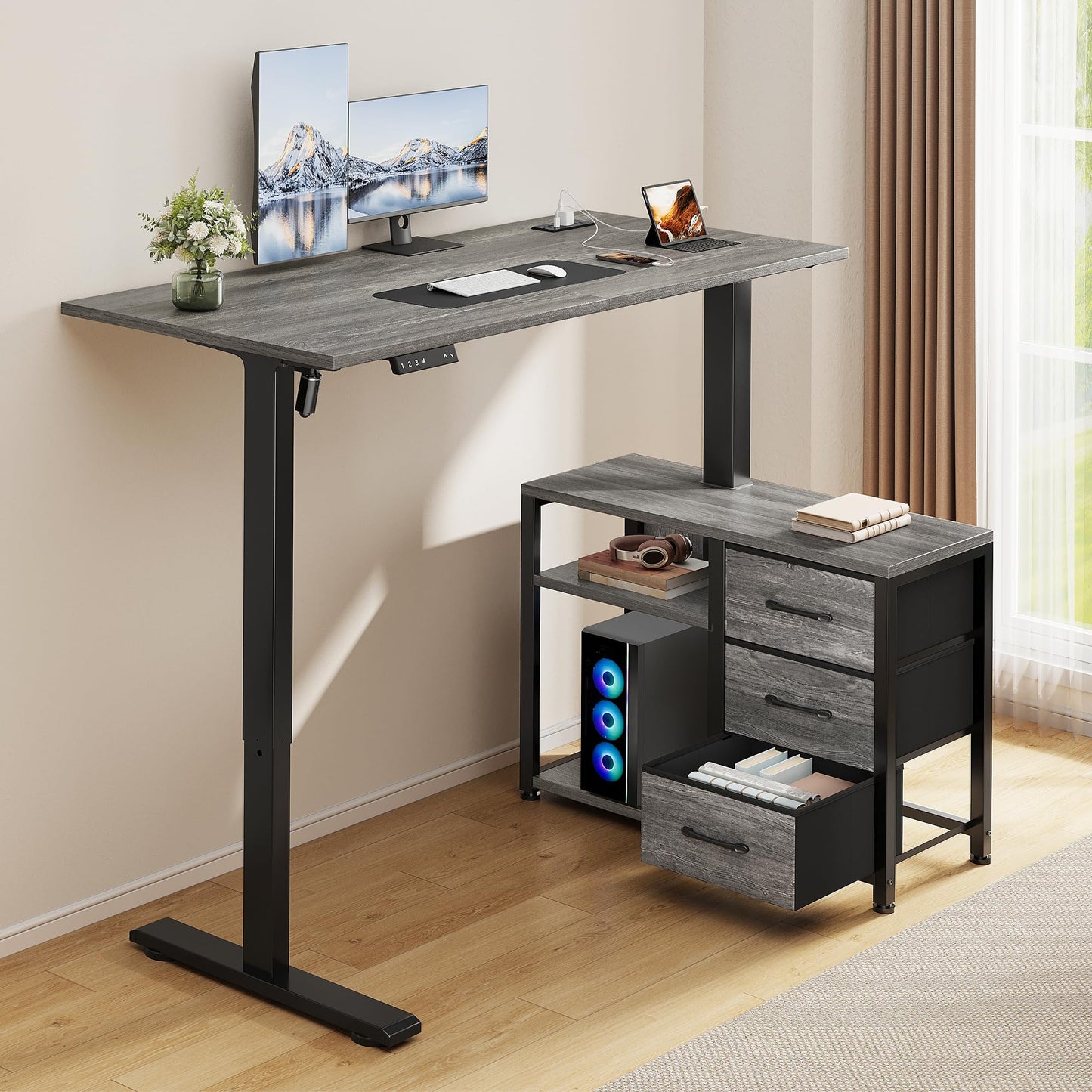 Homiflex 47 Inch L Shaped Desk with 3 Drawers Electric Standing Desks with Storage Computer Table Adjustable Height with Power Outlets 4 Memory Presets for Home Office, Grey