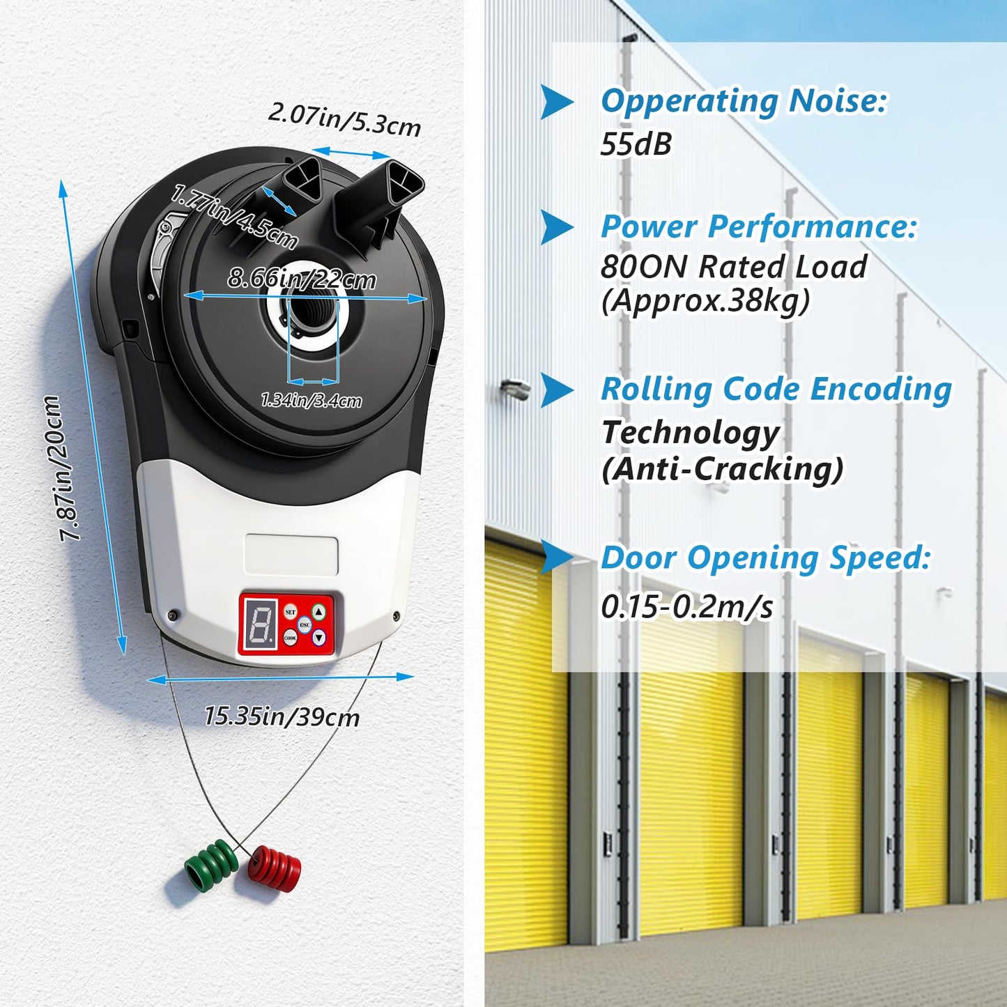Automatic Roll Up Garage Door Opener, 110V Side Mount Electric Roller Shutter with 800N Quiet Motor, 2 Remotes & Secure Encryption for Commercial Farm Warehouse Barn