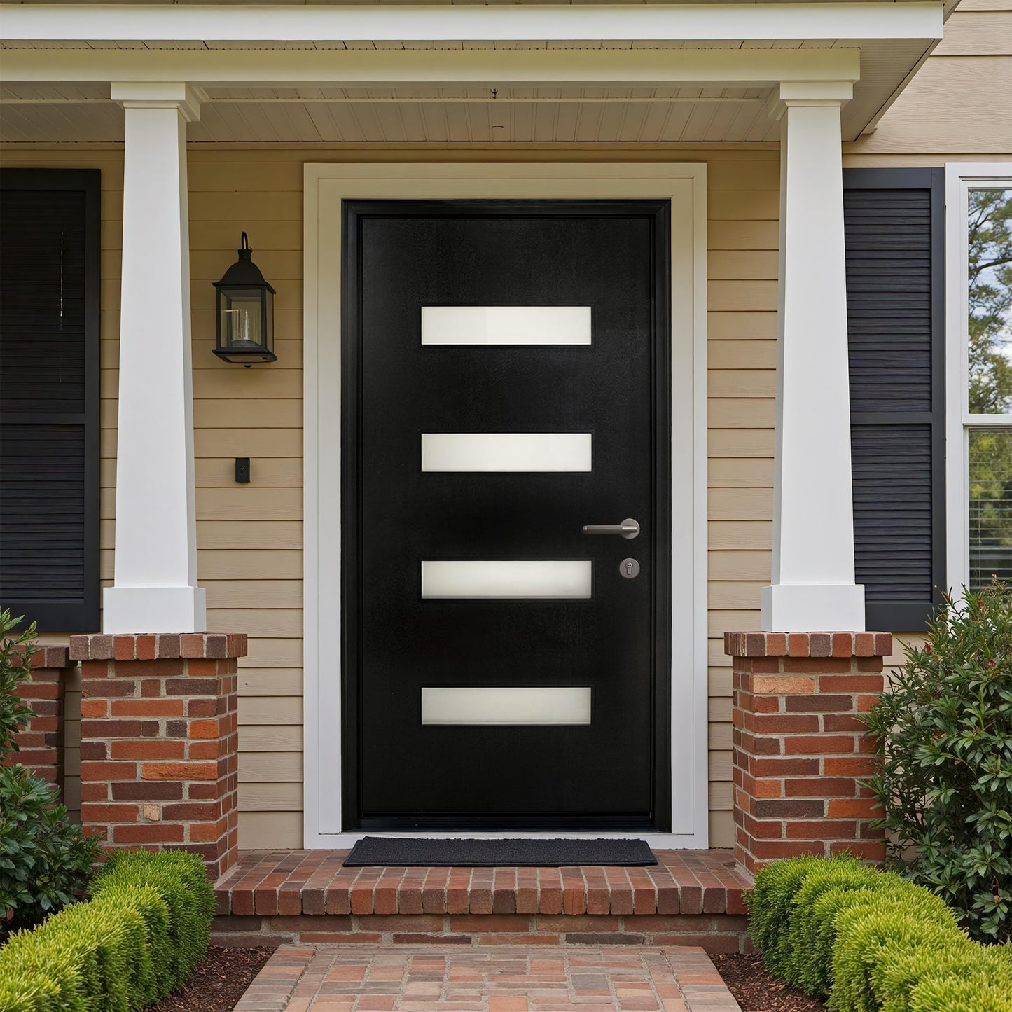 Casaphoria 36" x 80" Fiberglass Front Door with White 4-9/16" Vinyl Frame,Left Hand Inswing Exterior Door with Brickmould,Contemporary Wooden Grain Knock-Down Entry Door for Home Entrance, Black