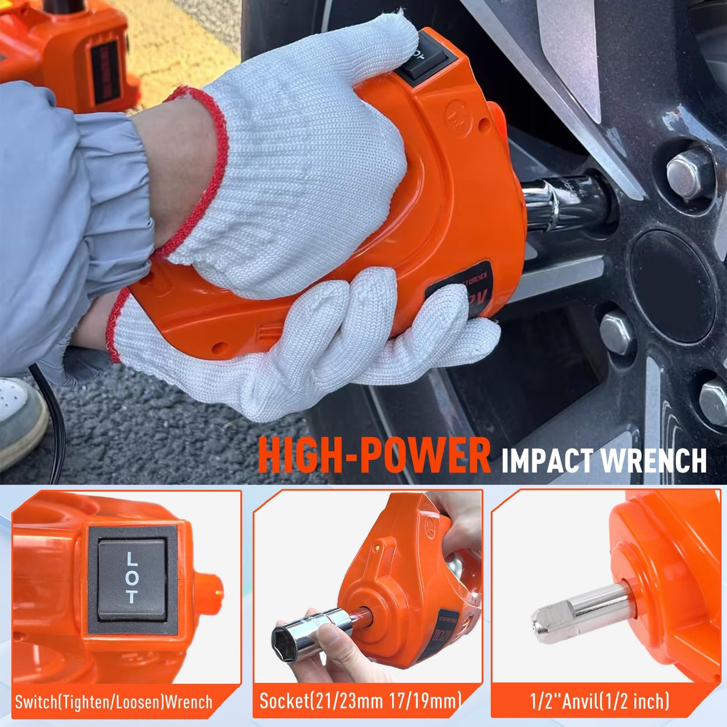 ROGTZ Electric Hydraulic Car Jack Kit with Impact Wrench and Tire Inflator Pump, 5 Ton 12V Hydraulic Jack for SUV Sedans Tire Change with LED Light