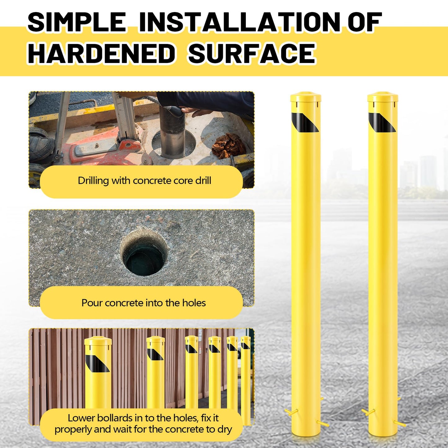 Blulu 1 Pcs 55" Pour in Place Safety Bollard Post, 4-1/2" OD Heavy Duty Steel Concrete Bollard with Removable Cap, Yellow Powder Coated Parking & Traffic Barrier