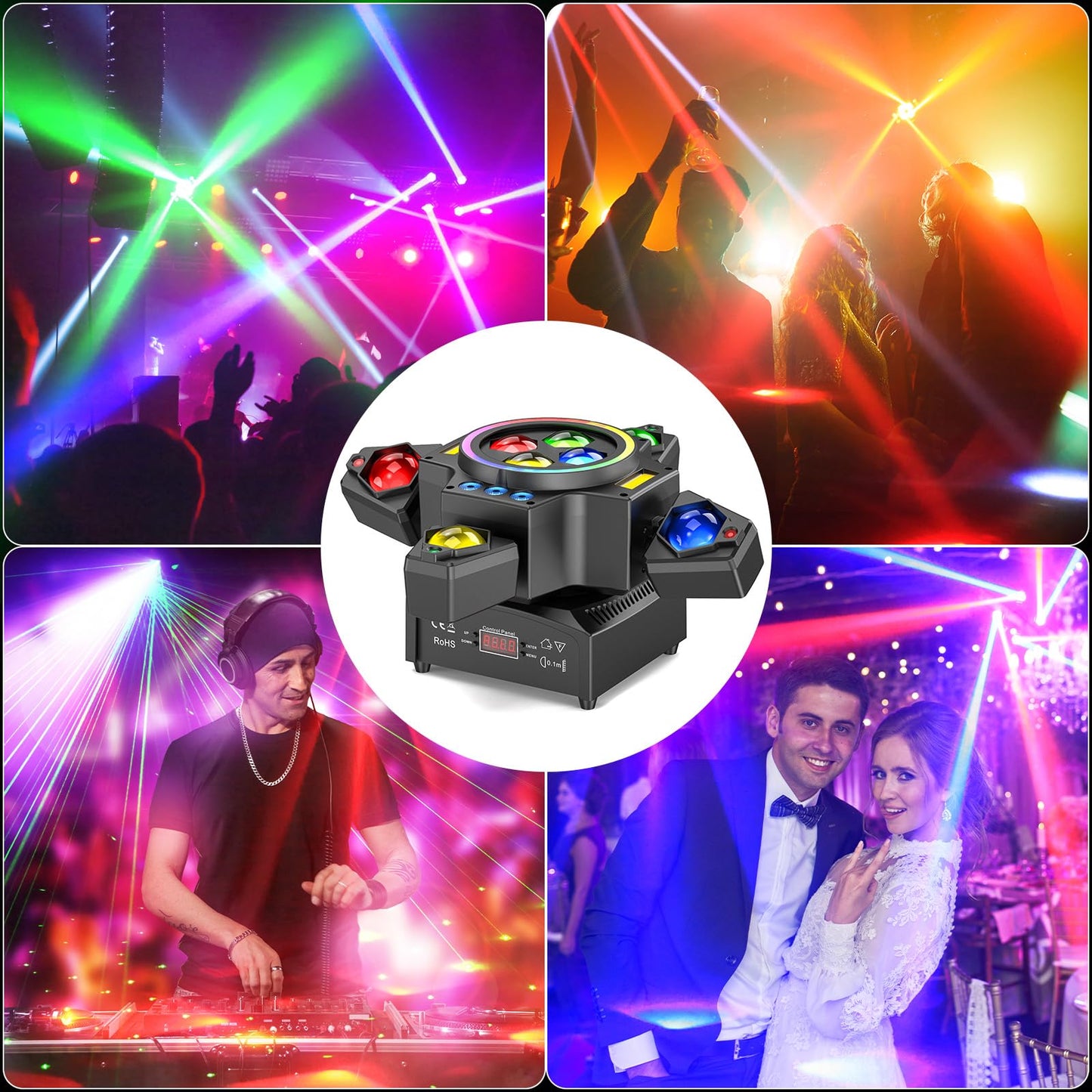 120W Stage Moving Head Light,4 Arms RGBW 4-in-1 Stage Lighting Beam/Wash/Red Green Starry Sky Golden Strobe RGB Halo Effect Light,Sound-Active/DMX/Remote Control for Party Club Stage Show