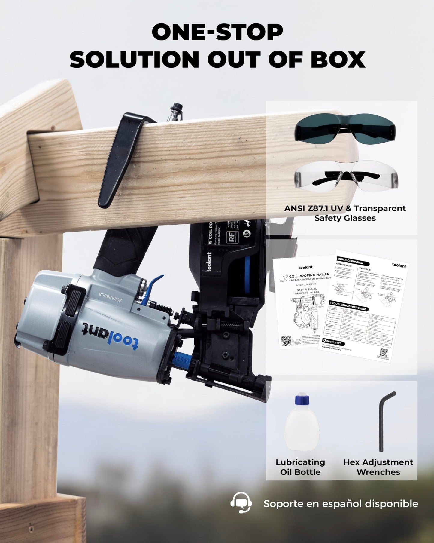 toolant Roofing Nailer, Pneumatic Roofing Nail Gun for 3/4" to 1-3/4" Nails, 120 Coil Capacity, 70-120 PSI, 15 Degree, Heavy Duty Roofing Tool for Asphalt Roofing Shingles, Fencing, and Wood Siding