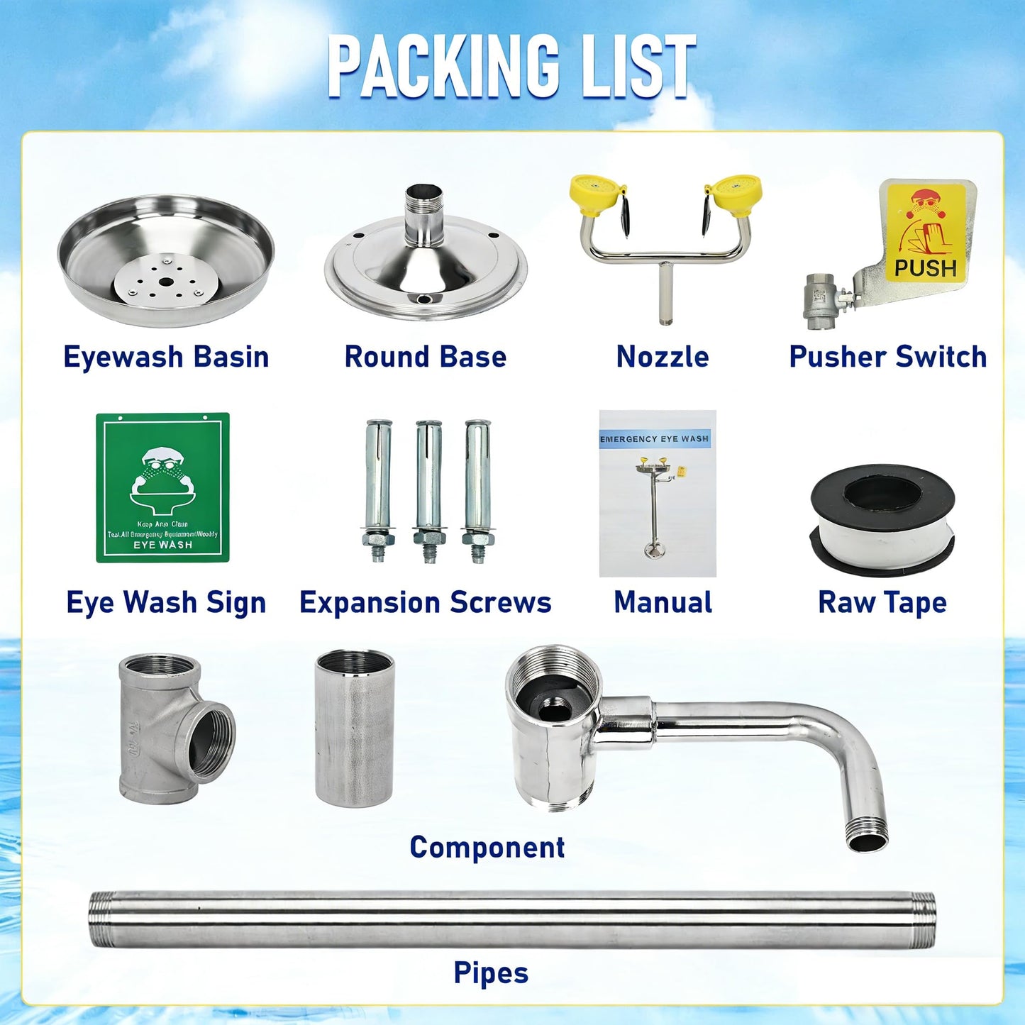 lukar Stand Up Eye Wash Station, Floor Mounted Eyewash Station, 304 Stainless Steel Eye Washing Station, Adjustable Water Flow Eye Wash Units with Dual Spray Head and Eye Wash Sign, NPT Threaded