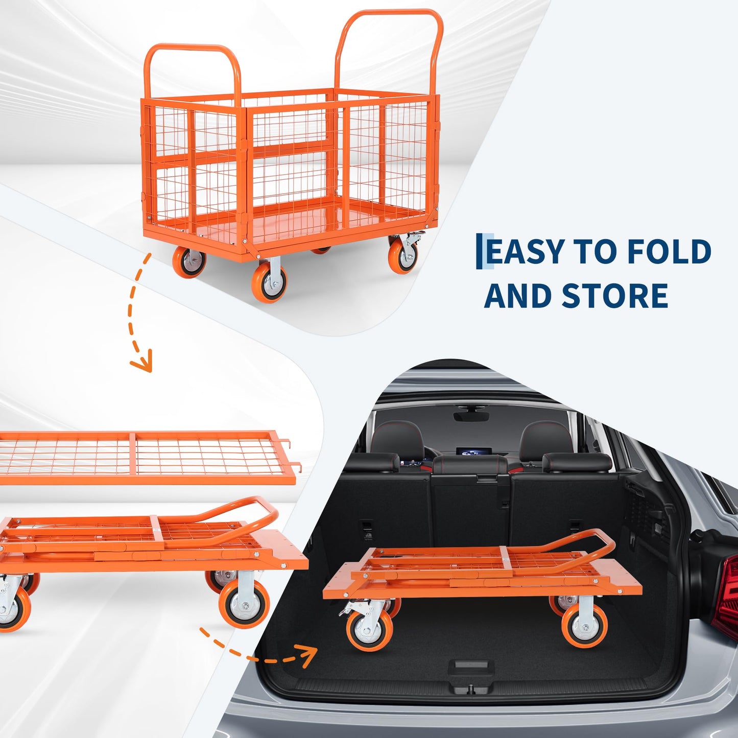 6-in-1 Folding Flatbed Dolly, 1800lbs Heavy Duty Platform Cart with Removable Mesh Sides, Orange Red Lockable Swivel Casters, Smooth Rolling for Hardwood Carpet, Easy Assembly for Garage Warehouse