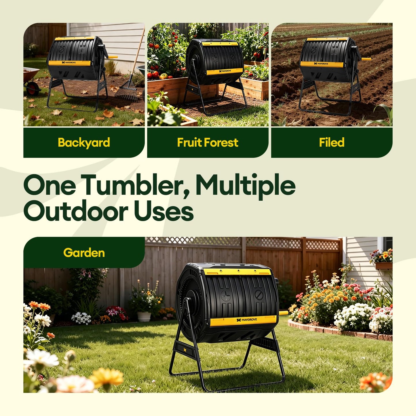 Maygrove Outdoor Compost Bin 53 Gallon, Dual Chamber Large Compost Tumbler for Garden Backyard, with 360° Rotating, Sliding Doors & Solid Steel Frame