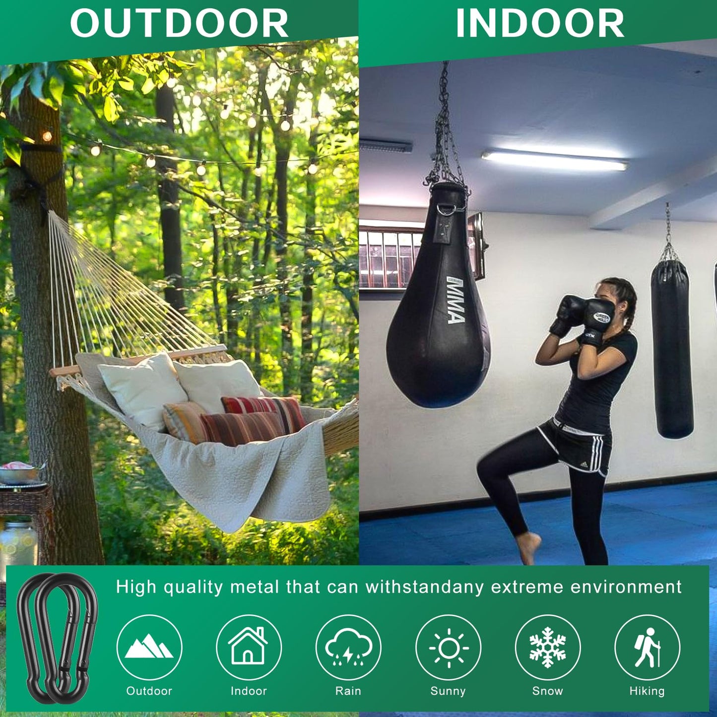 2 Pack Black Carbon Steel Carabiner Clip, 4 inch Heavy Duty Spring Snap Hook, Carabiner Clips for Outdoor Camping, Swing, Hammock, Fishing, Weight Lifting Machine