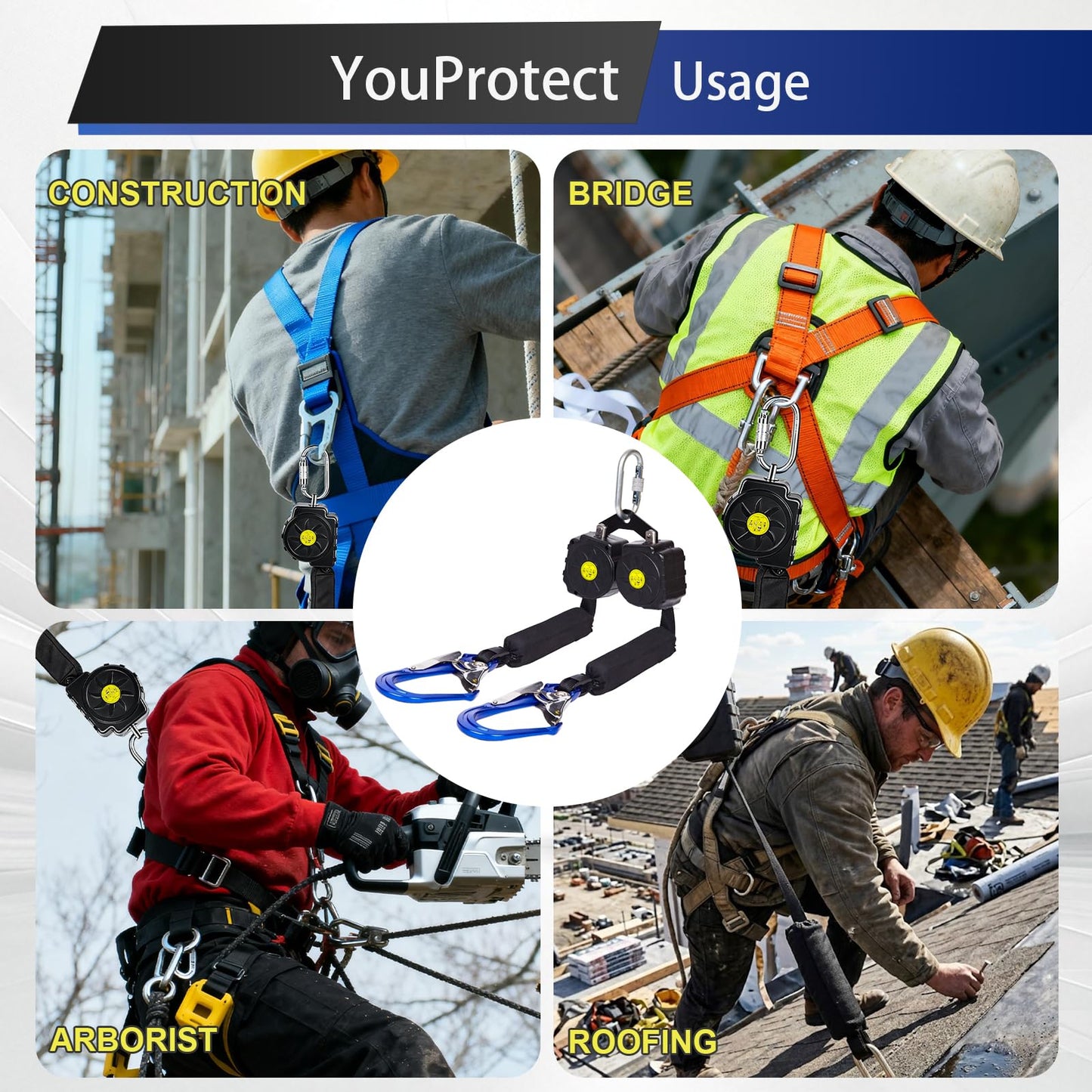 Fall Protection Retractable Lanyard - 6FT Dual Leg SRL Self Retracting Lifeline for Roofing and Construction, Dual Aluminum Hooks, Shock Absorber | OSHA & ANSI Compliant SRL